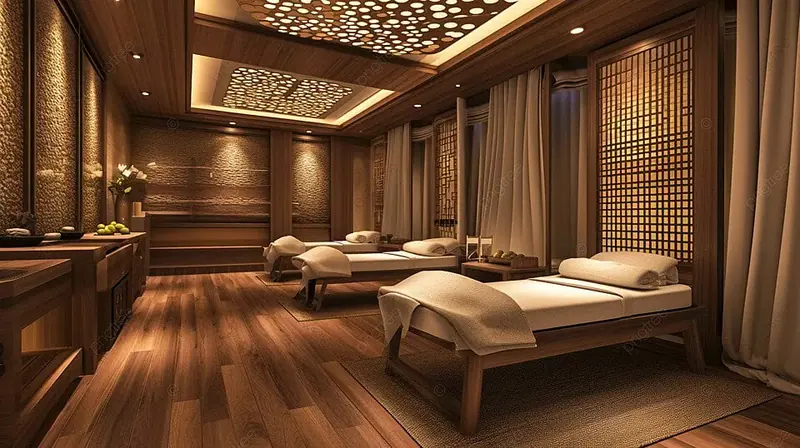 Angel Spa in Mumbai: a warm wood-paneled treatment room with three massage tables and soft towels