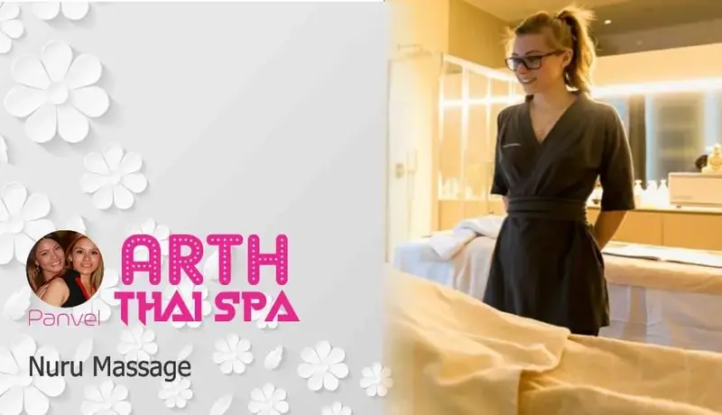 A woman in a dark wrap robe and glasses stands in a softly lit treatment room with massage tables at Arth Thai Spa, Mumbai