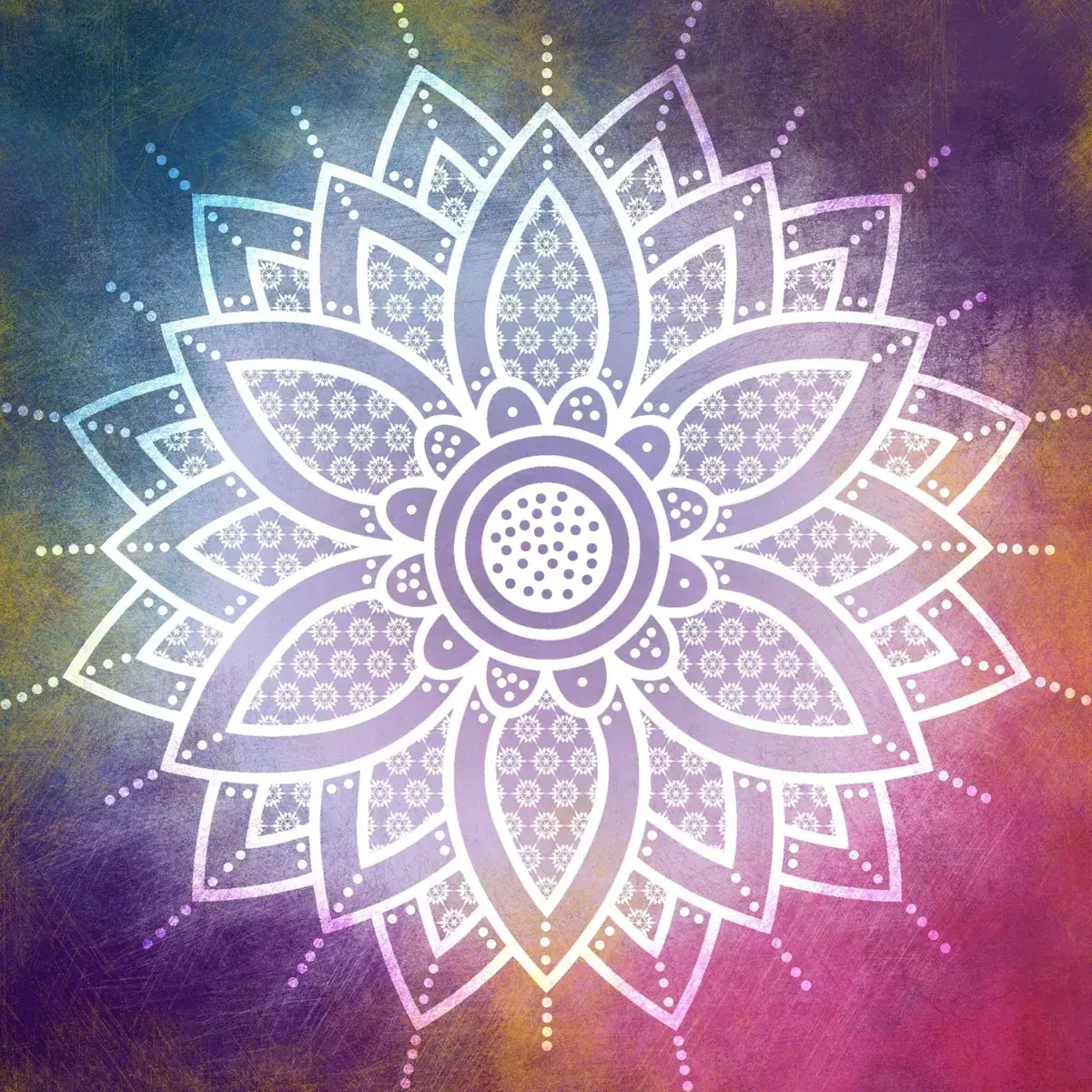 Symmetrical white lotus mandala on a purple, blue and pink textured background, used as artwork for ARTMASSAGE.HU in Budapest