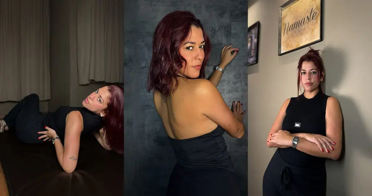 Three portraits of a woman with dark red hair in black outfits, posed lying down, from behind, and standing, at