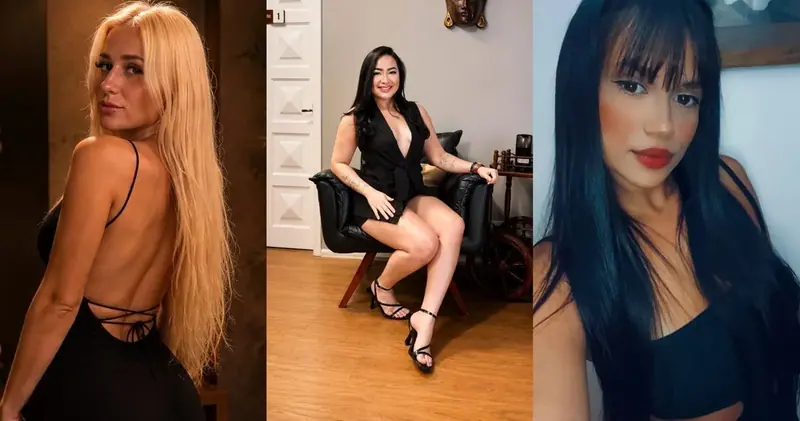 Collage of three women in black outfits, one seen from behind, one seated in an office chair, one posing in close-up, for