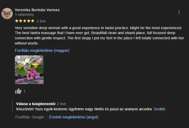 A customer review screenshot for Eross Maria massage salon in Budapest