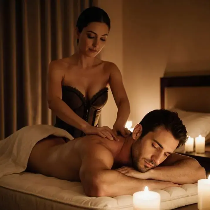 A woman in a dark corset massages the back of a man lying on a table in a candlelit room at Velvet Touch, Prague