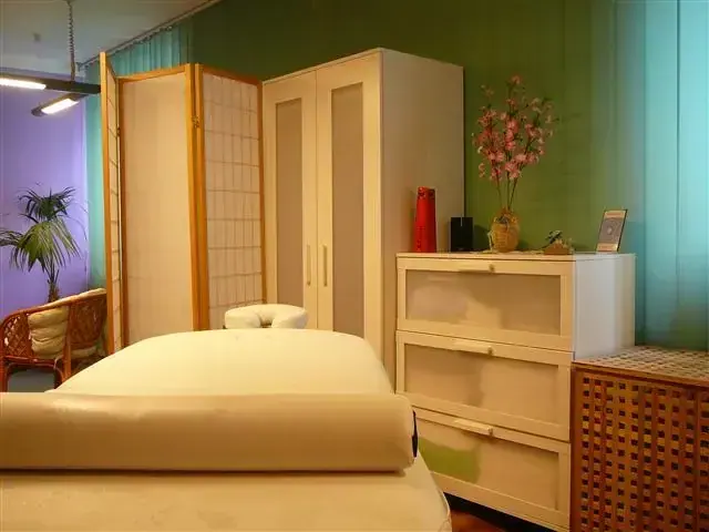 Treatment room at Erotic Wellness Salon BRNO in Brno with a massage table, folding screen, white wardrobe and dresser