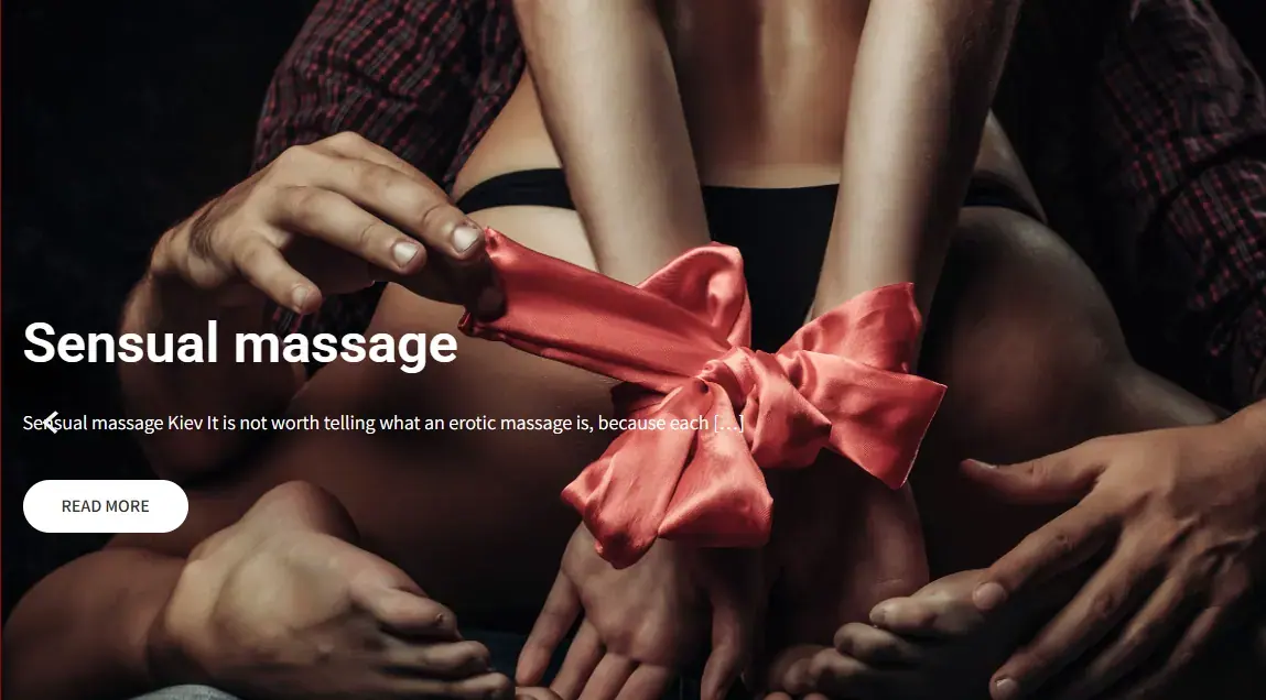 Faraon erotic massage salon in Kyiv: a couple in an intimate pose, wrists tied with a red satin ribbon