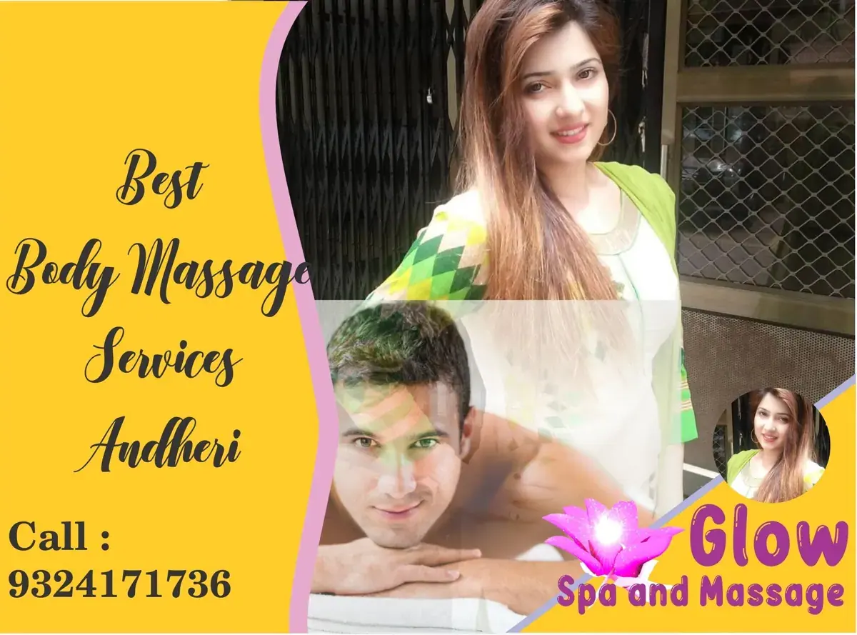 Promotional graphic for Glow Spa in Mumbai showing a smiling woman outdoors and a shirtless man resting on a massage table