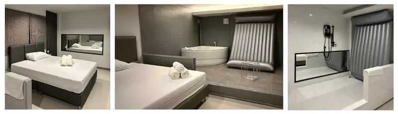 Hiso Nuru Massage in Bangkok: a private room with a double bed, a corner jacuzzi tub and an inflatable mat