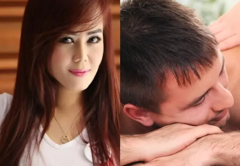 Side-by-side photos of a smiling woman with long auburn hair and a man lying face down on a massage table, Honey Spa