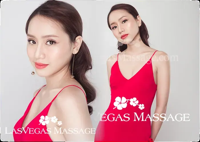 Two studio portraits of a woman in a red camisole dress with drop earrings, promoting Lasvegasmassage in Las Vegas