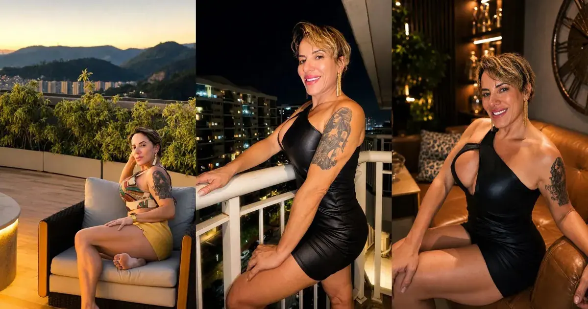 Collage of a tattooed woman posing on a balcony at night and on a leather sofa, at Lia Gonzalez Massoterapeuta, Rio de