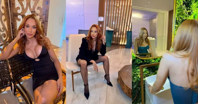 Three-panel photo of a woman with long auburn hair posing in a black dress and blazer in a modern lounge at Luna