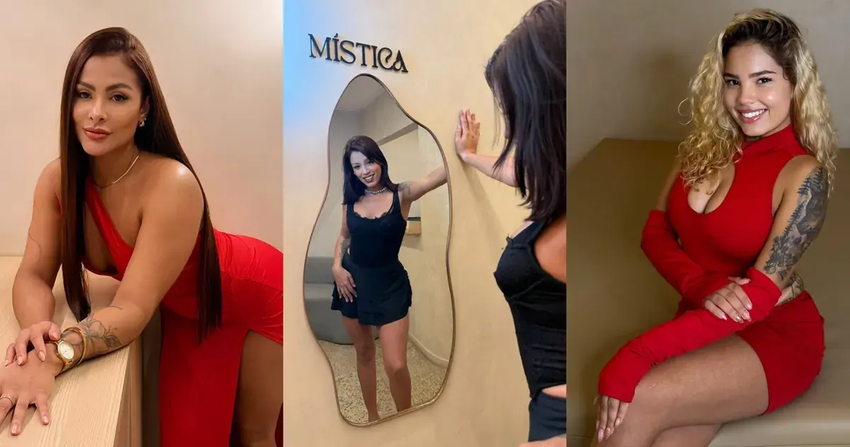 Three-panel collage of women in red and black outfits posing, one beside a mirror, at Mística Massagens in Rio de Janeiro