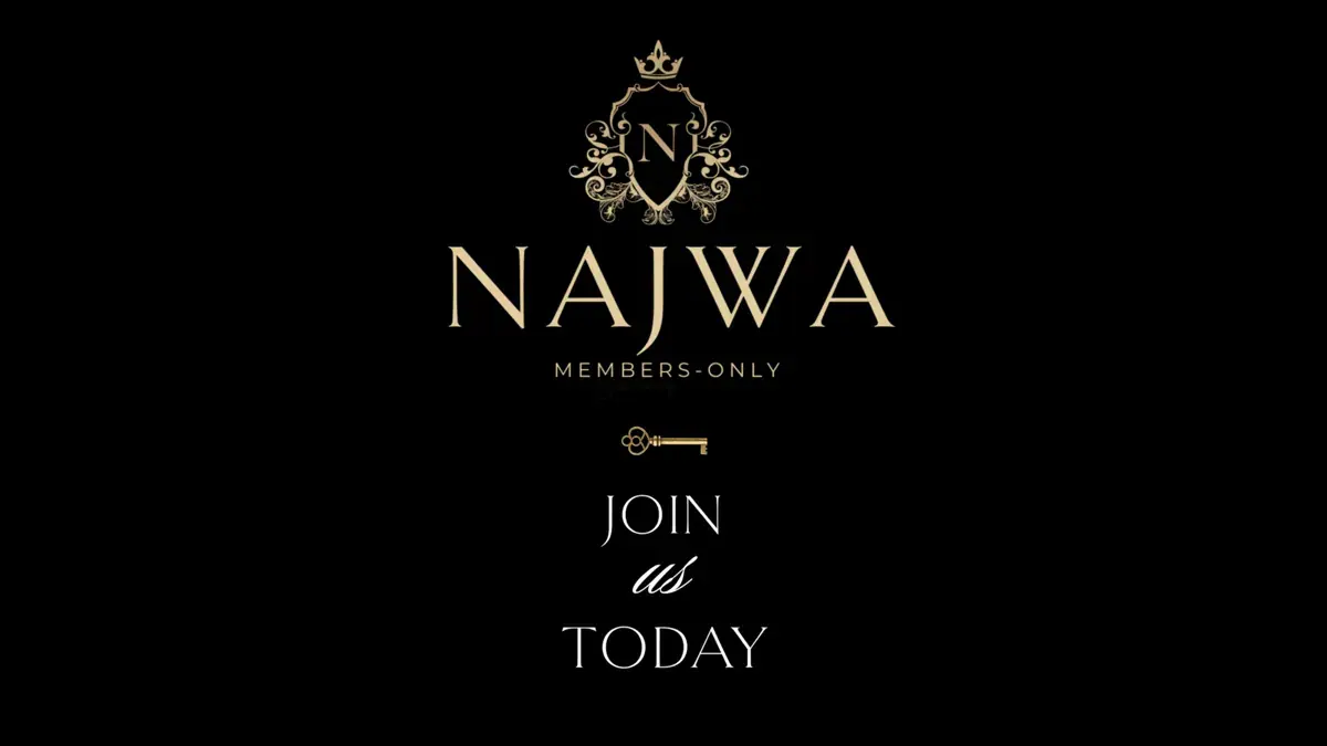 Gold crest logo and key icon on a black background, a members-only promotional graphic for Najwa London