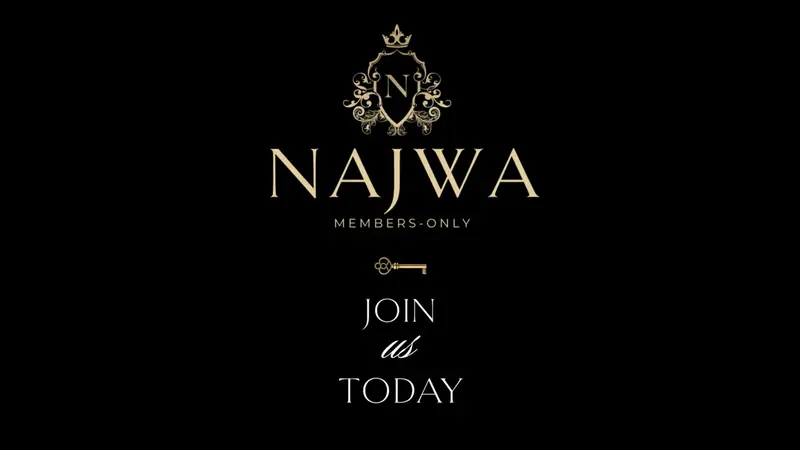 Gold crest logo and key icon on a black background, a members-only promotional graphic for Najwa London