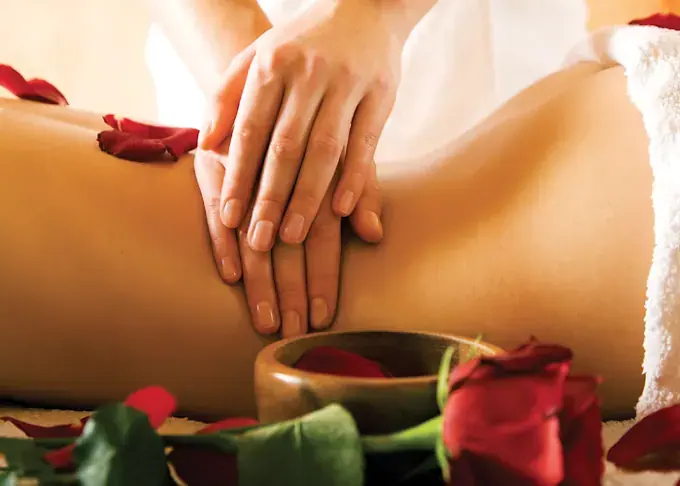 Hands massaging a person's lower back, with red rose petals and a wooden bowl, at Nina's Paradise in Paris