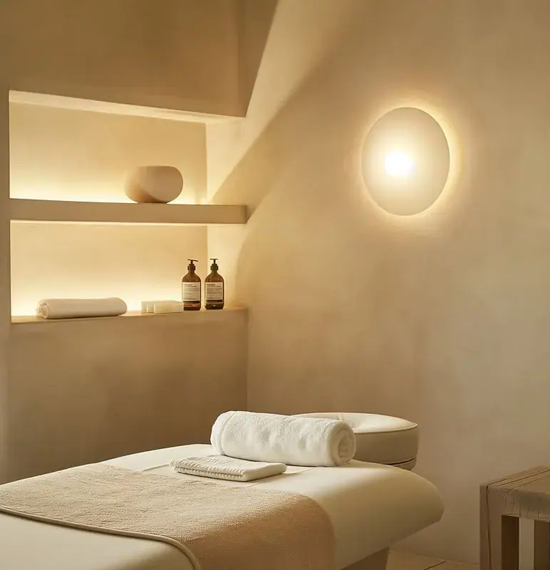 Softly lit treatment room with a massage table, rolled towels and a glowing round wall lamp at Perla Tantric Erotic