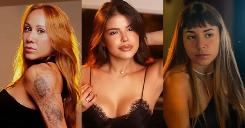 Collage of three portraits of women in black tops, used for RJ Massagem, an erotic massage salon in Rio de Janeiro