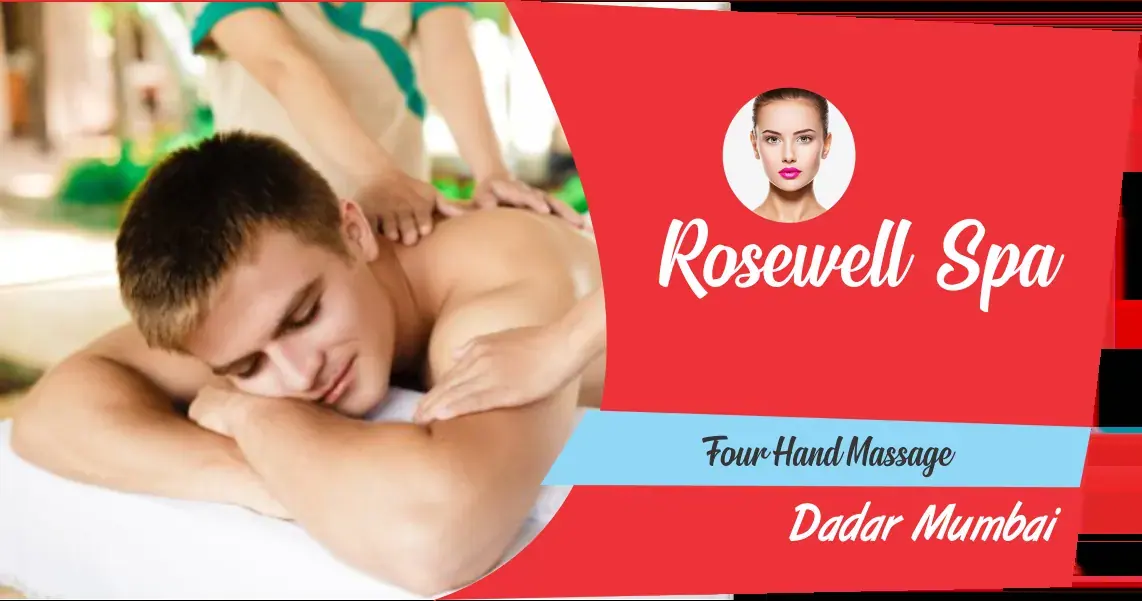 A shirtless man lies face down on a massage table while two therapists work on his back, in a Rosewell Spa ad for Mumbai