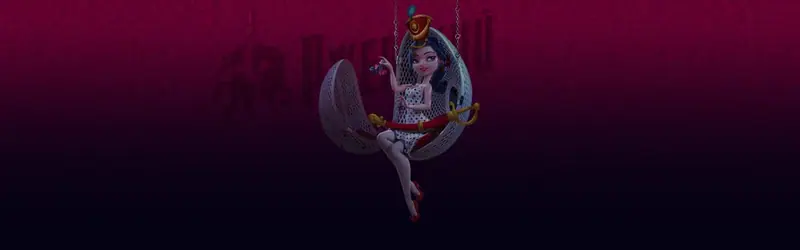 Illustration of a cartoon woman in a polka-dot dress sitting on a hanging crescent-moon swing, for Rzhevskiy Massazh in
