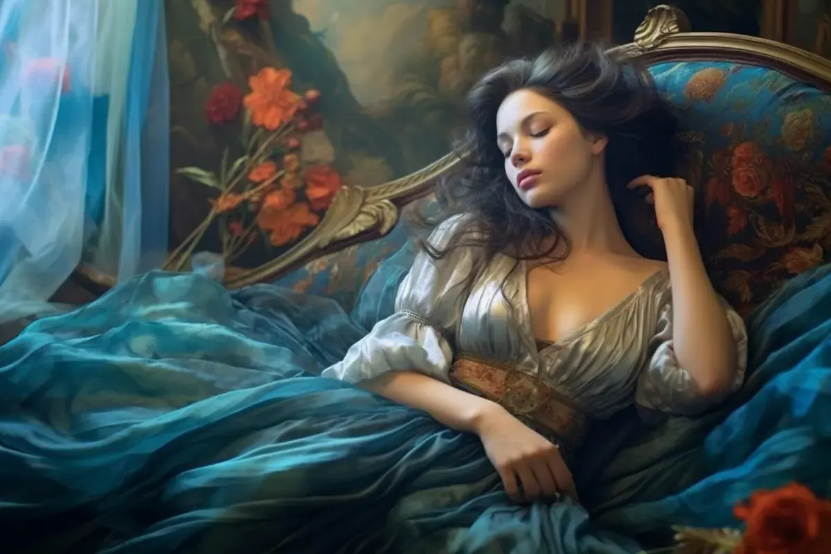 Painterly illustration of a woman resting on an ornate blue sofa with flowers, used for Secret of Budapest in Budapest