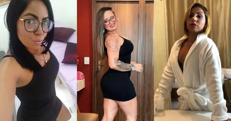 Collage of three photos of women posing in a black dress and a white bathrobe at Selene Terapias, Rio de Janeiro