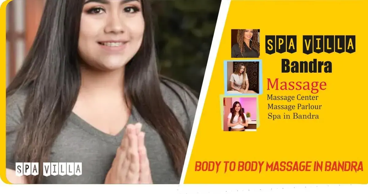 Smiling woman with long dark hair pressing her palms together in greeting, in a promotional banner for Spa Villa Bandra
