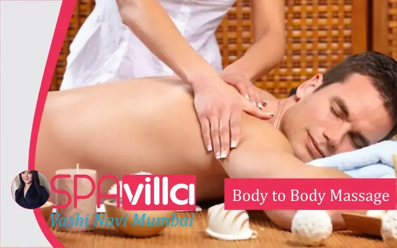 A masseuse in a white top massages a man's back at Spa Villa Vashi in Mumbai, with candles beside them