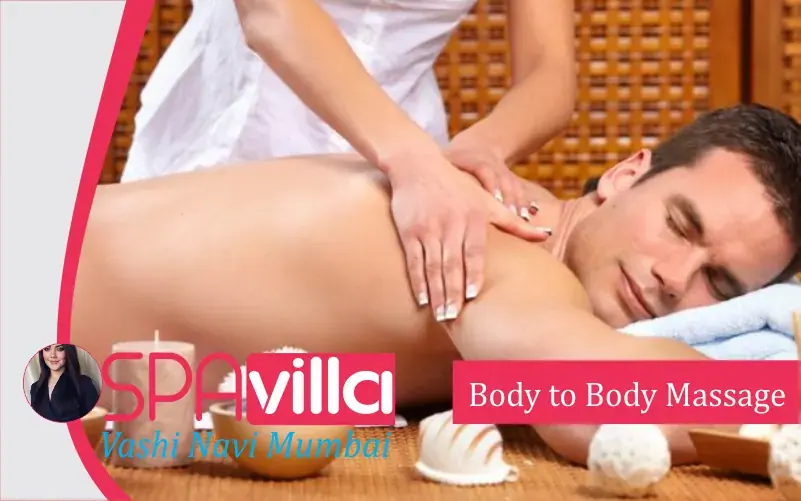 A masseuse in a white top massages a man's back at Spa Villa Vashi in Mumbai, with candles beside them