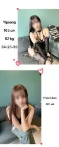Collage of two portraits of a woman posing on a gray sofa, used for Sukebe nuru massage in Bangkok
