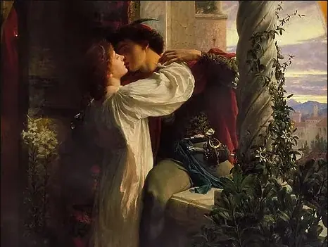 Painting of a couple embracing in a romantic kiss on a stone balcony at dusk, not showing Tantra Massage Paris itself