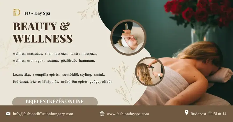 Promotional banner for a day spa showing a woman lying under a towel during a massage, with facial and hair treatment