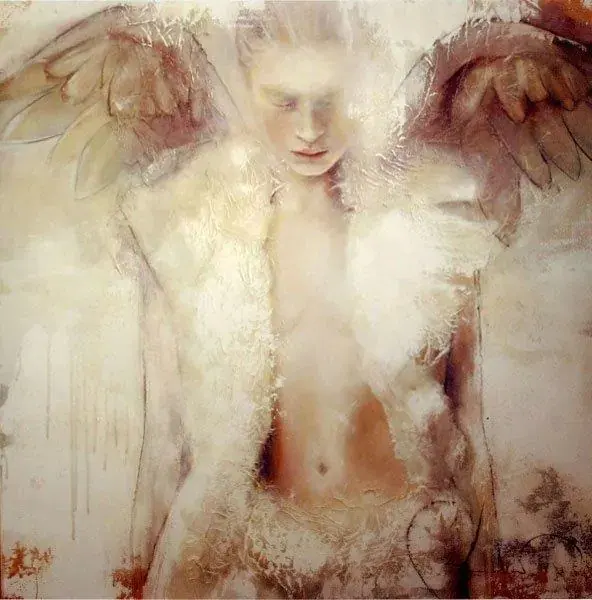 Painted artwork of a winged angelic figure in a white feathered coat, shown for Tantric Massage New York in New York