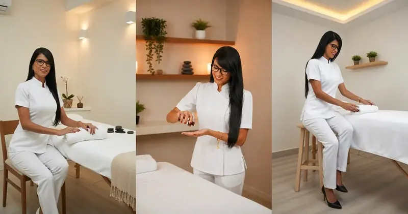 Therapist in a white uniform in a calm treatment room with a massage table at Top Terapeutas, Rio de Janeiro